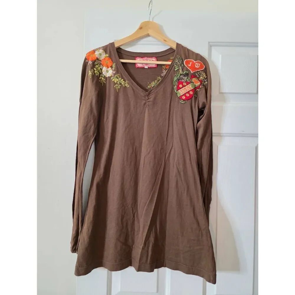 Vintage Johnny Was Brown Embroidered T Shirt M
